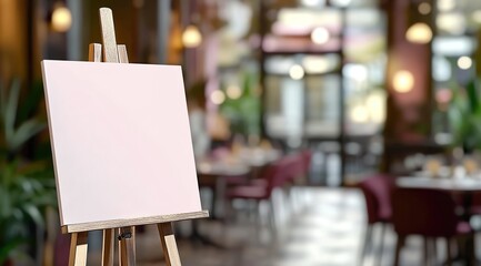 
An empty white canvas on an easel in the foreground 