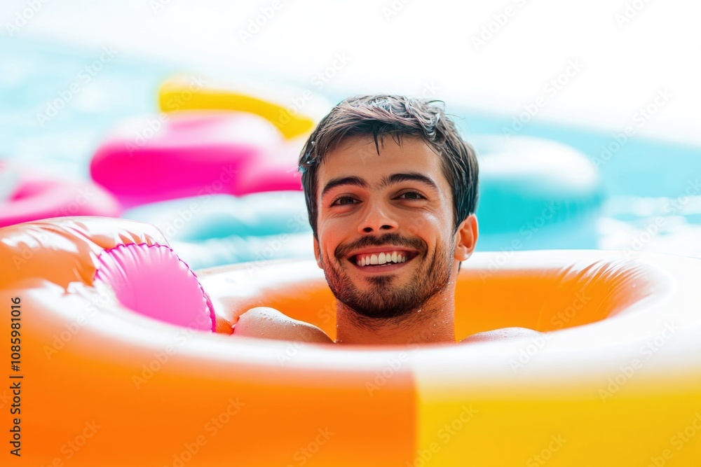 Poster a smiling man enjoying time in an inflatable pool, perfect for summer fun or party decoration
