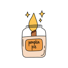 Burning candle with pumpkin pie scent in doodle style. Aroma candle in a transparent jar with a wooden wick. Hand drawn illustration isolated on white background.