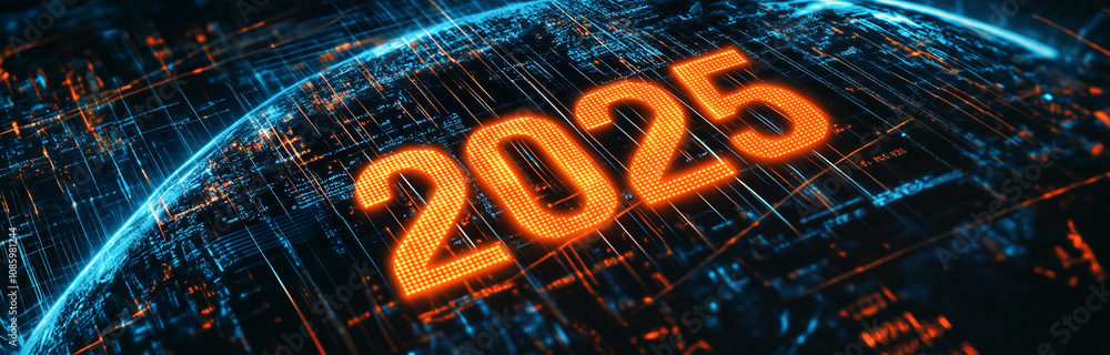Poster glowing orange numbers 2025 are prominently featured on a digital world map background composed of c