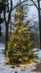 christmas tree with lights outside.