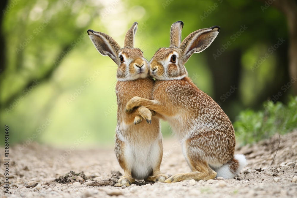 Poster two rabbits standing together on a dusty path