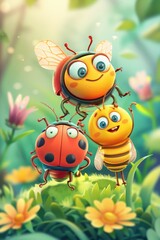 A group of cartoon bees standing on top of a lush green field, great for illustrations and designs