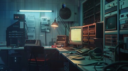 A distant view of a server room  realistic textures and shadows highlighting technological chaos