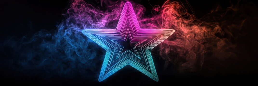 A glowing Christmas star with a gradient of neon blue to magenta, surrounded by a soft halo, set on a black background