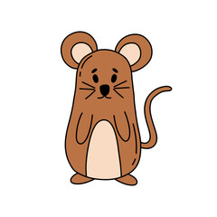 Cute mouse in doodle style. Cartoon brown mouse. Hand drawn illustration isolated on white background.