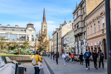 A panoramic city view of Novi Sad with its iconic bridge over the Danube River is a breathtaking...