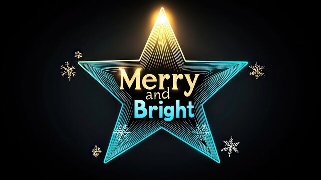 A glowing Christmas star with a gradient from neon blue to bright yellow, surrounded by a soft halo on a black canvas, featuring "Merry and Bright" in stylish, illuminated text