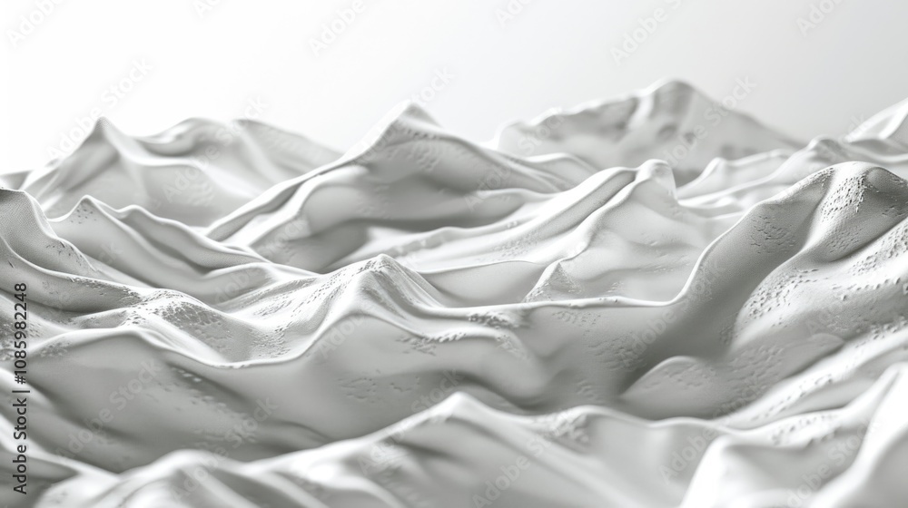 Poster a 3d rendering of a mountain range landscape with snow-capped peaks and valleys