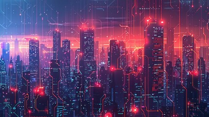 Naklejka premium Futuristic cityscape with glowing red and blue circuit board patterns, digital city, abstract cyberpunk, neon lights.