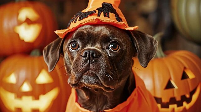 Adorable Dog in Witch Costume with Pumpkins for Halloween.  A cute dog with big brown eyes dressed in a witch costume in front of jack-o-lantern pumpkins.  Perfect for a Halloween-themed project.