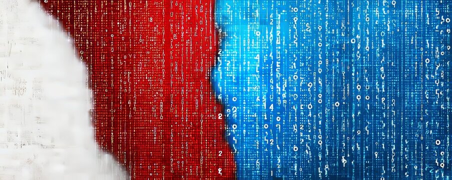 Red and Blue Binary Code Background: Data Security Concept with Digital Numbers on the Screen