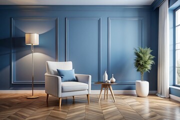Fototapeta premium Modern living room interior, soft blue wall paneling, gray armchair, floor lamp, wooden side table, potted plant, herringbone wood flooring, large window, minimalist decor, cozy atmosphere, muted colo