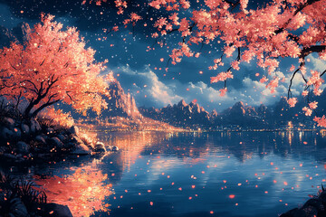 Serene Night Scene with Cherry Blossoms and Mountain Cityscape