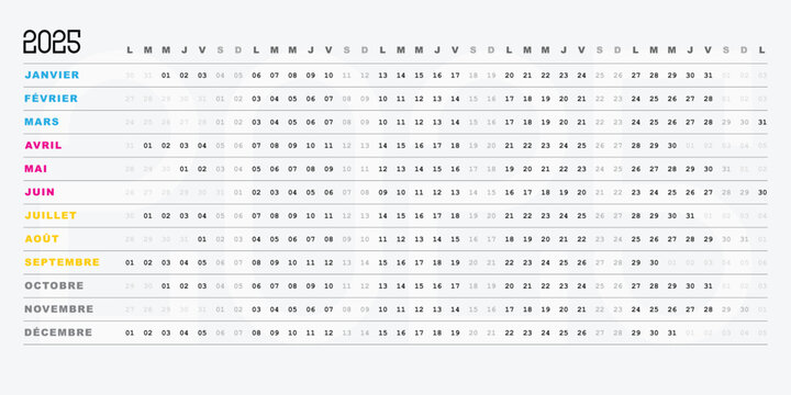 Calendrier 2025, Design creatif et Minimaliste avec Dates Horizontales, couleurs d'impression CMJN