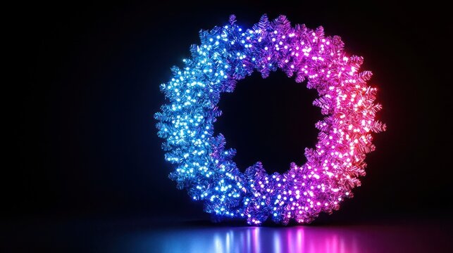 A glowing Christmas wreath with a gradient transition from electric blue to neon pink, softly lit on a black canvas