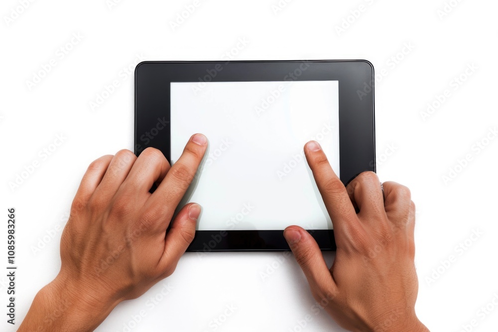 Poster a person holding a tablet with a blank white screen, suitable for use in technology or digital conce