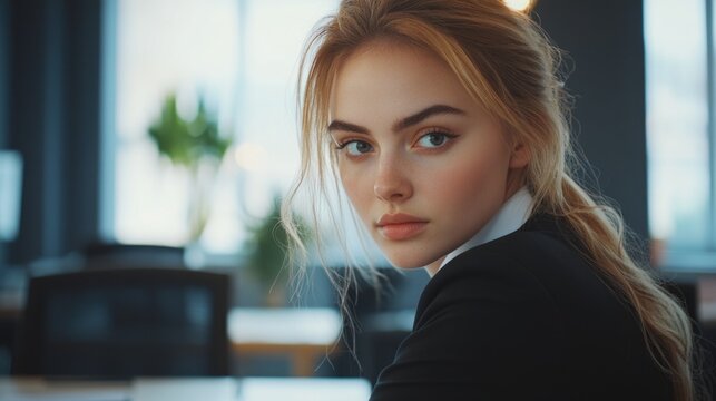 A professional woman sits at a desk with papers and pens, ideal for corporate or office use