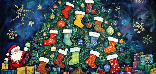 A festive Christmas scene featuring a beautifully decorated tree adorned with colorful stockings, ornaments, and Santa, evoking holiday cheer.