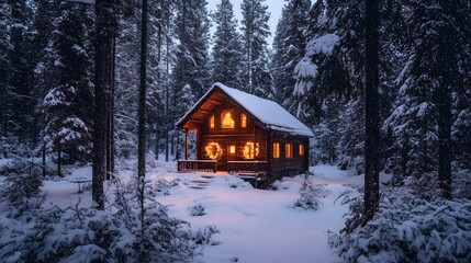 A cozy Christmas cabin in a snowy forest with warm light