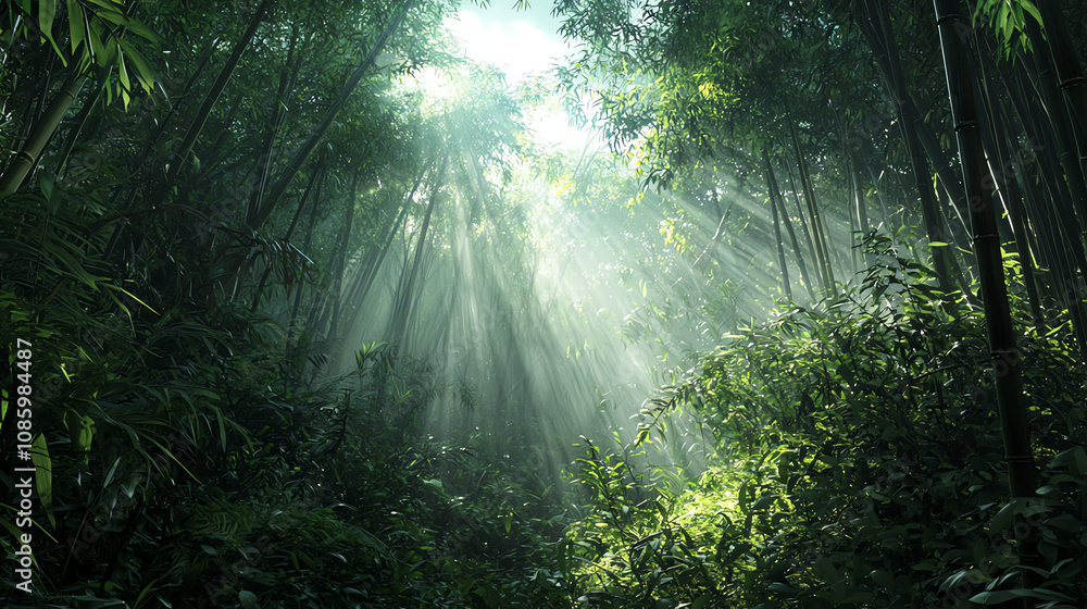 Poster sunlight filtering through a dense bamboo forest, creating a serene atmosphere of tranquility and na