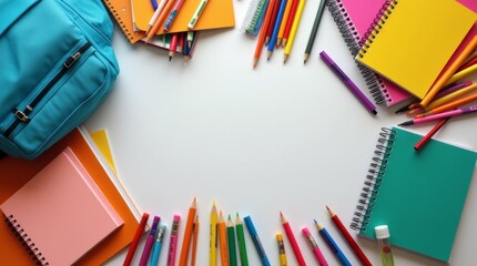 classroom desk filled with various school supplies, including notebooks, pencils, markers, and a backpack