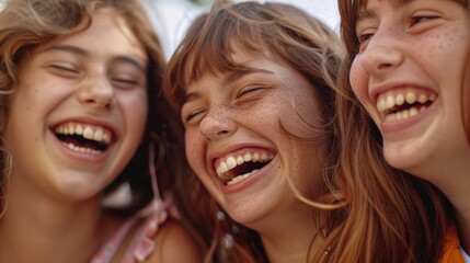 Fototapeta premium A joyful scene of young teenage girls laughing together, a perfect stock photo for any occasion where happiness and friendship are the themes