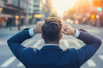 A professional in a suit walking on a busy city street, could be used for office or corporate settings