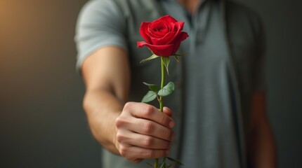 man offering a single red rose, focus on his hand holding the flower, romantic gesture