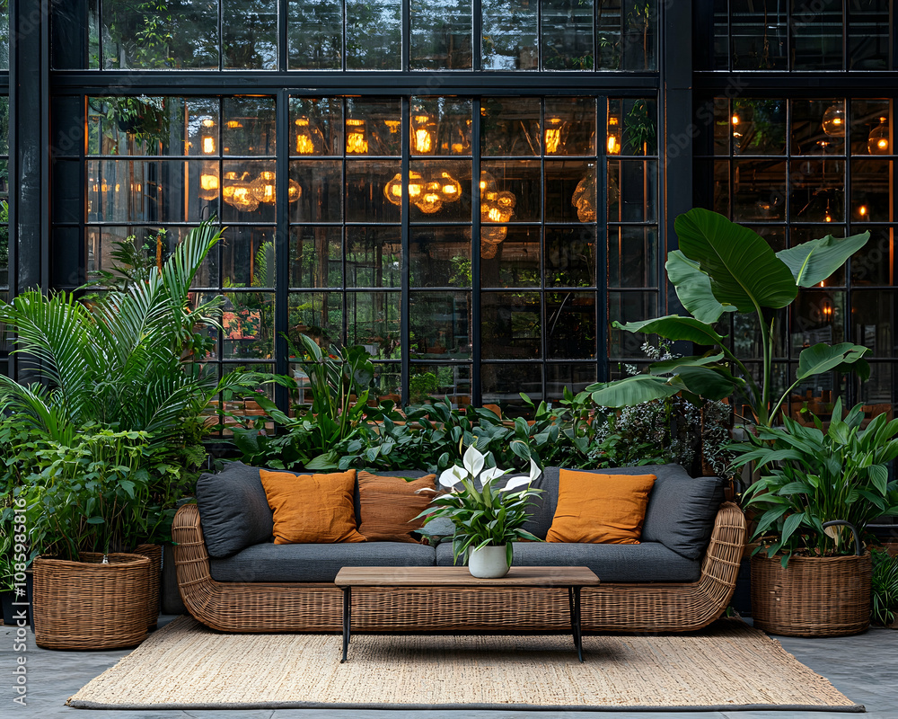 Poster cozy seating area surrounded by greenery and large windows, creating a tranquil atmosphere.