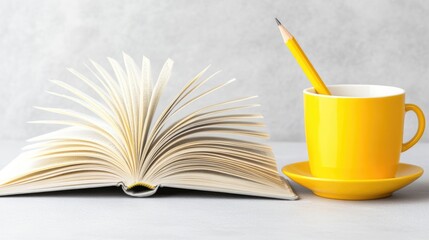 Naklejka premium Open book and yellow coffee cup with pencil on marble table