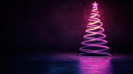 A glowing modern Christmas tree made with neon violet and neon pink gradient lines, softly illuminated against a dark canvas, adding a chic festive touch