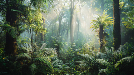 Exploring a lush prehistoric jungle filled with giant ferns and vibrant greenery under soft sunlight and misty atmosphere