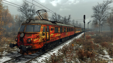 Obraz premium Old, rusty train travels through a snowy, autumnal landscape.