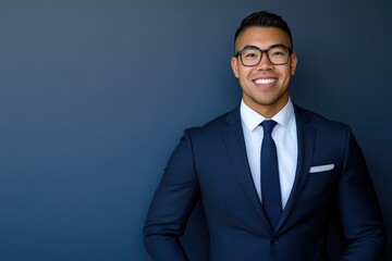 Confident smiling young asian male professional in suit against dark background