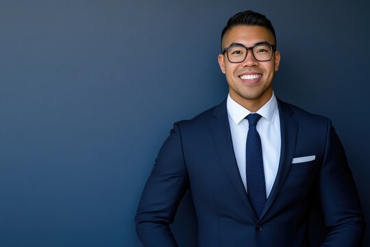 Confident smiling young asian male professional in suit against dark background