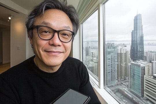 Asian mature male smiling by window overlooking urban cityscape