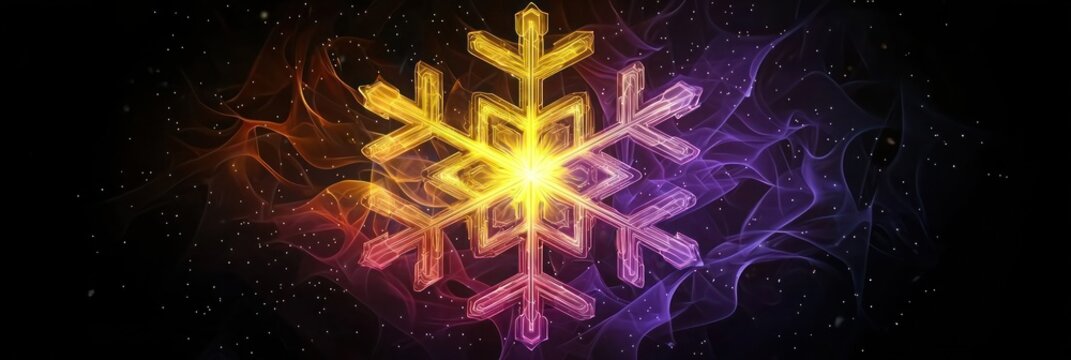 A glowing modern snowflake with a gradient from bright yellow to deep purple, against a black canvas, surrounded by a soft ethereal glow