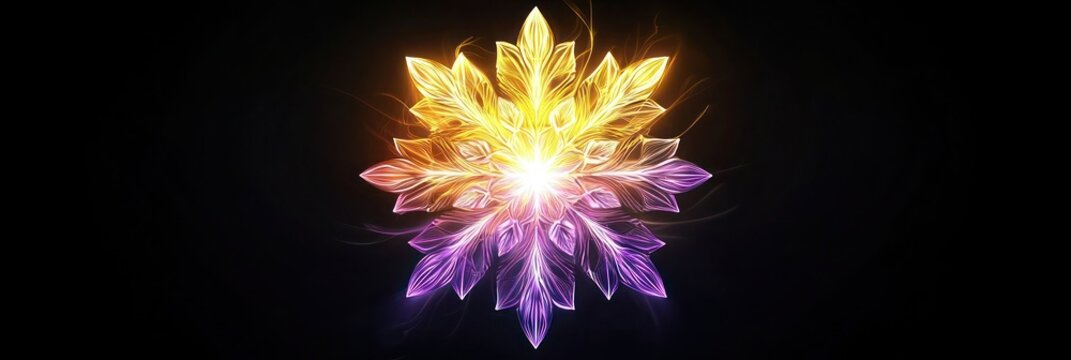 A glowing modern snowflake with a gradient from bright yellow to deep purple, against a black canvas, surrounded by a soft ethereal glow