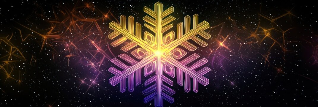 A glowing modern snowflake with a gradient from bright yellow to deep purple, against a black canvas, surrounded by a soft ethereal glow