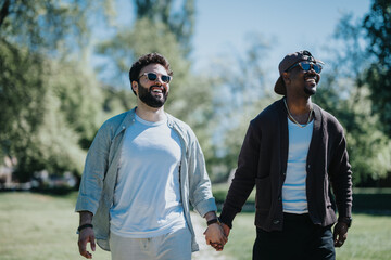 Obraz premium A multiracial gay couple enjoying a leisurely walk in the park, holding hands and sharing a moment of joy and contentment together.