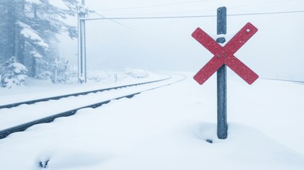 Snowy railroad crossing sign in winter landscape with heavy snowfall