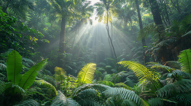A lush prehistoric jungle filled with giant ferns and dappled sunlight filtering through dense trees in a serene natural setting