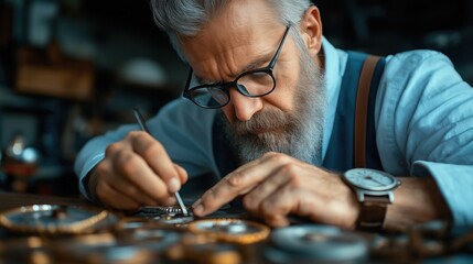 experienced watchmaker focuses intently on repairing an intricate timepiece in a charming workshop filled with vintage tools and parts
