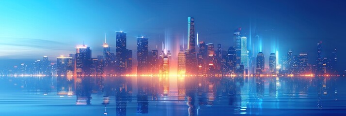 Futuristic City Skyline with Neon Lights and Reflections in Water. Futuristic Cityscape Illustration.
