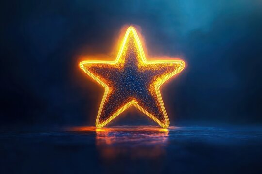 A glowing single star design with a gradient of neon yellow to neon orange, softly illuminated on a midnight blue backdrop - Powered by Adobe