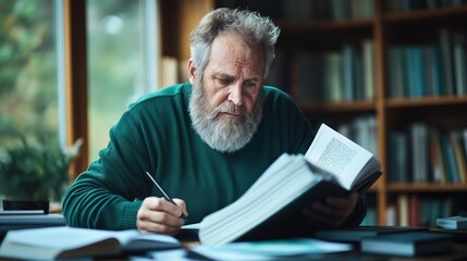 Fototapeta premium bearded man in a green sweater reads a book while taking notes, immersed in his studies at a wooden table in a well-lit library filled with shelves of books