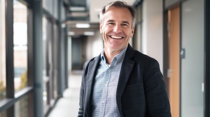 Fototapeta premium A smiling man wearing a black jacket and blue shirt