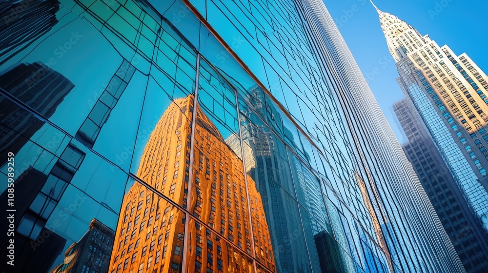Poster a reflective surface shows a building's mirrored image