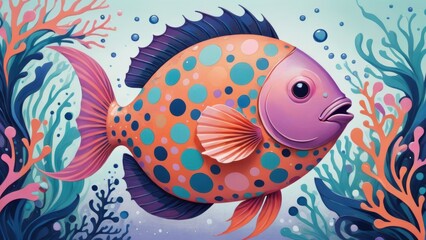 Colorful polka-dotted fish swimming among vibrant coral reefs in a whimsical underwater illustration.